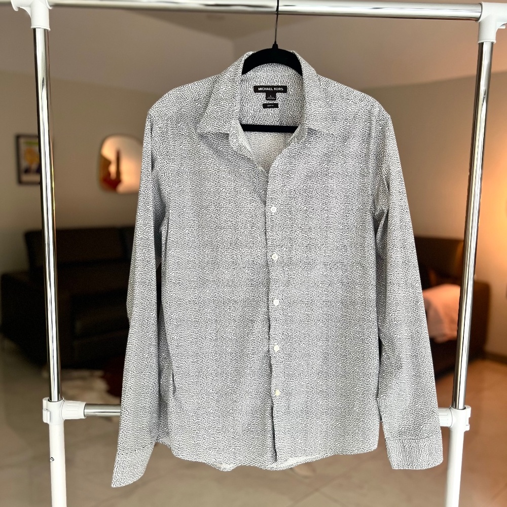 NWOT Michael Kors Slim Fit geometric print black white cotton shirt Sz L